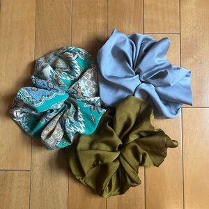 Free People Trio Satin Scrunchies - Teal Paisley, Light Blue, Olive Green